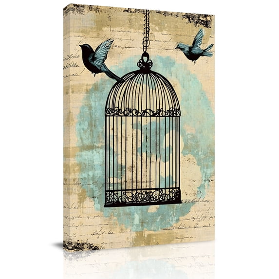 Canvas Wall Art, Teal Vintage Birds Framed Canvas Prints for Kitchen Bedroom, Retro Birdcage Watercolor Small Gallery Wrapped Wall Decor for Home Office, Gifts, 8"x12" Ship Next Day