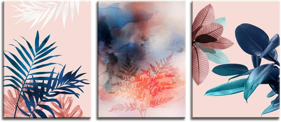 Abstract Navy Blue and Blush Pink Botanical Canvas Wall Art Set