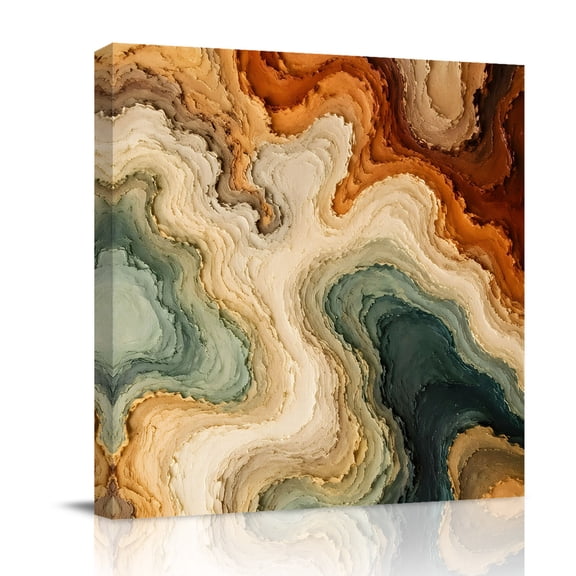 Canvas Wall Art, Terracotta Abstract Framed Canvas Prints for Bathroom Desk, Modern Orange Green Waves Fluid Art Small Gallery Wrapped Wall Decor for Home Office, Gifts, 8"x8" Ship Next Day
