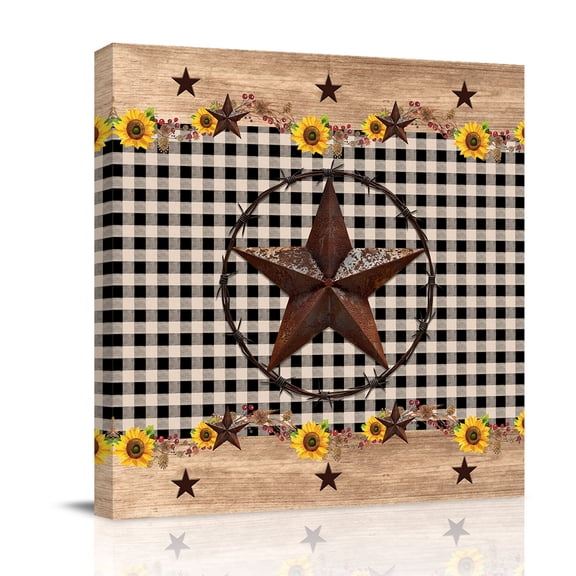 Canvas Wall Art, Texas Star Vintage Framed Canvas Prints for Bathroom Desk, Farmhouse Country Sunflower Black Plaid Small Gallery Wrapped Wall Decor for Home Office, Gifts, 8"x8" Ship Next Day