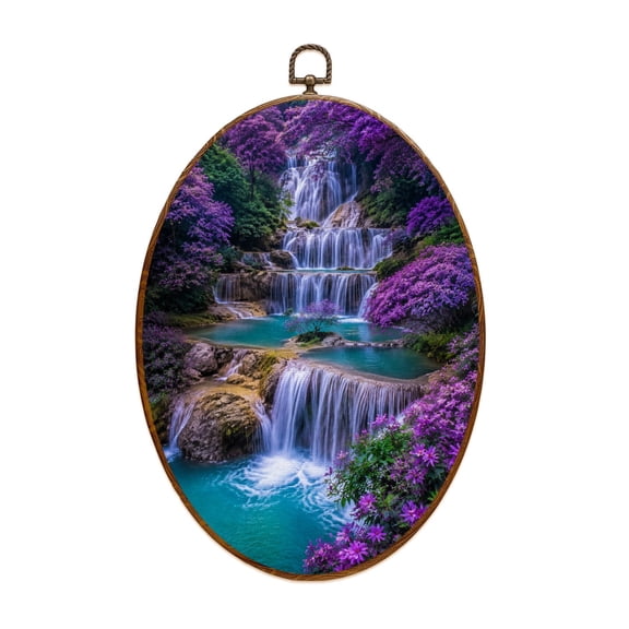 Canvas Wall Art Thai Forest Waterfall Purple Trees Landscape Nature Waterfalls Foliage Oval Framed Canvas Prints Vintage Wall Hanging Decor for Home Decorations 8.6"x11.4"
