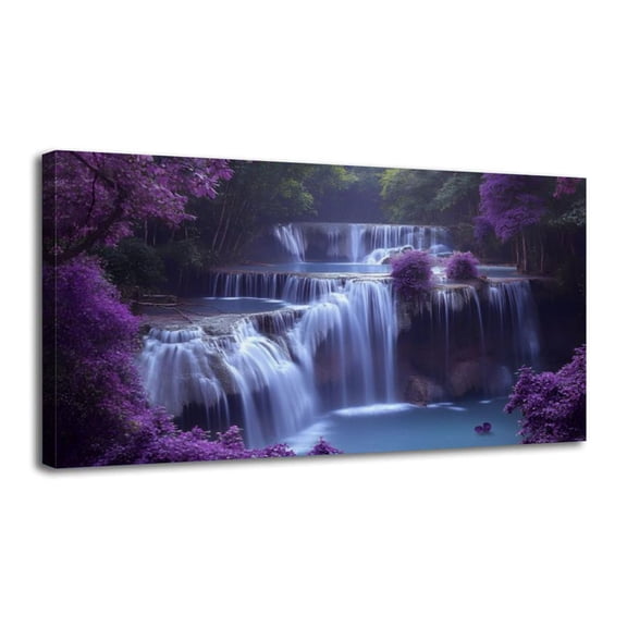 Canvas Wall Art Thai Forest Waterfall Purple Trees Landscape Nature Waterfalls Foliage Wall Decor for Living Room Bathroom Bedroom Office 30" x 60" Art Paintings, Ready to Hang