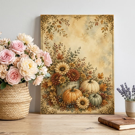 Canvas Wall Art Thanksgiving Canvas Art Print Vintage Fall Pumpkins Sunflowers Rustic Floral Pictures Wall Decor for Living Room Bedroom Artwork Decorations Stretched Framed Ready to Hang 18"x24"