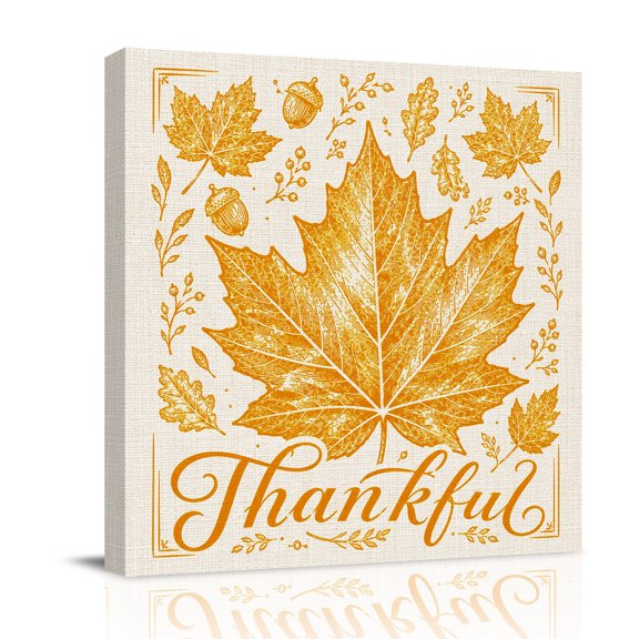 Canvas Wall Art, Thanksgiving Fall Framed Canvas Prints for Bathroom Desk, Autumn Maple Leaves Falling Leaf Cones Small Gallery Wrapped Wall Decor for Home Office, Gifts, 8"x8" Ship Next Day