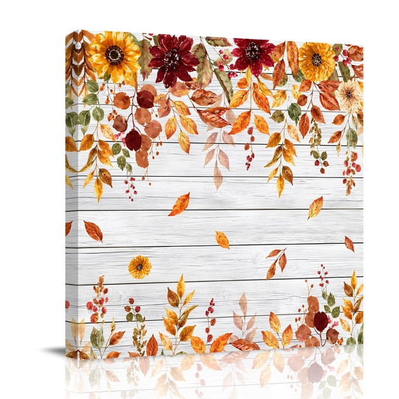 Canvas Wall Art, Thanksgiving Framed Canvas Prints for Bathroom Desk, Fall Eucalyptus Leaves Flowers Wooden Grain Small Gallery Wrapped Wall Decor for Home Office, Gifts, 8"x8" Ship Next Day