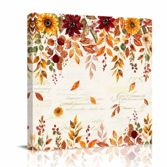 Canvas Wall Art, Thanksgiving Framed Canvas Prints for Bedroom Office, Fall Eucalyptus Leaves Flowers Branches Large Gallery Wrapped Wall Decor for Home Office, Gifts, 16"x16" Ship Next Day