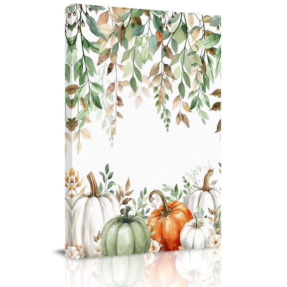 Canvas Wall Art, Thanksgiving Framed Canvas Prints for Kitchen Bedroom, Fall Sage Green White Pumpkin Maple Leaf Small Gallery Wrapped Wall Decor for Home Office, Gifts, 8"x12" Ship Next Day