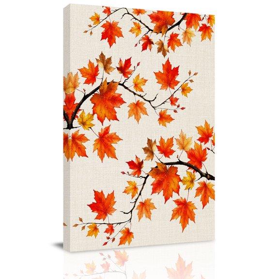 Canvas Wall Art, Thanksgiving Framed Canvas Prints for Living Room Office, Fall Farmhouse Orange Maple Leaves Branches Extra Large Gallery Wrapped Wall Decor for Home Office, Gifts, 24"x32"