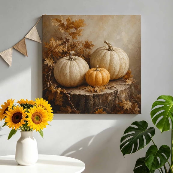 Canvas Wall Art Thanksgiving Pumpkin Canvas Art Print Fall Country Farmhouse Vintage Maple Leaf Pictures Wall Decor for Living Room Bedroom Artwork Decorations Stretched Framed Ready to Hang 8"x8"