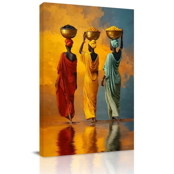 Canvas Wall Art Three Black Women Canvas Art Print African Tribal Boho Red Yellow Green Pictures Wall Decor for Living Room Bedroom Artwork Decorations Stretched Framed Ready to Hang 8"x12"