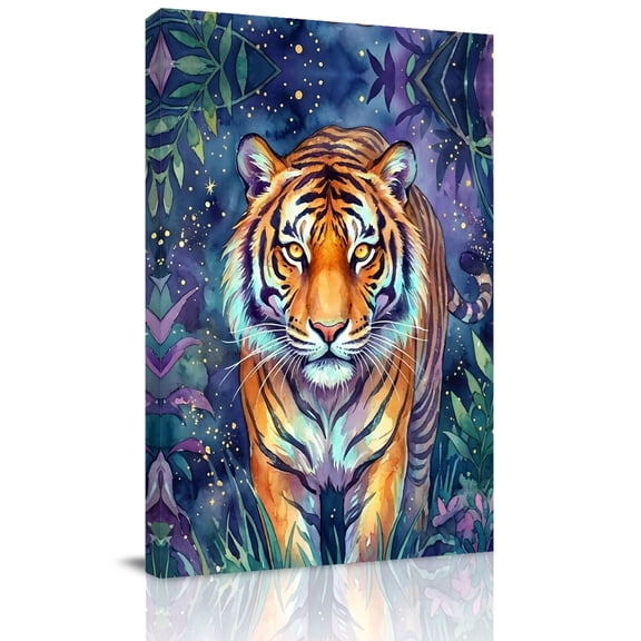Canvas Wall Art Tiger Canvas Art Print Forest Jungle Watercolor Tropical Leaves Pictures Wall Decor for Living Room Bedroom Artwork Decorations Stretched Framed Ready to Hang 12"x18"