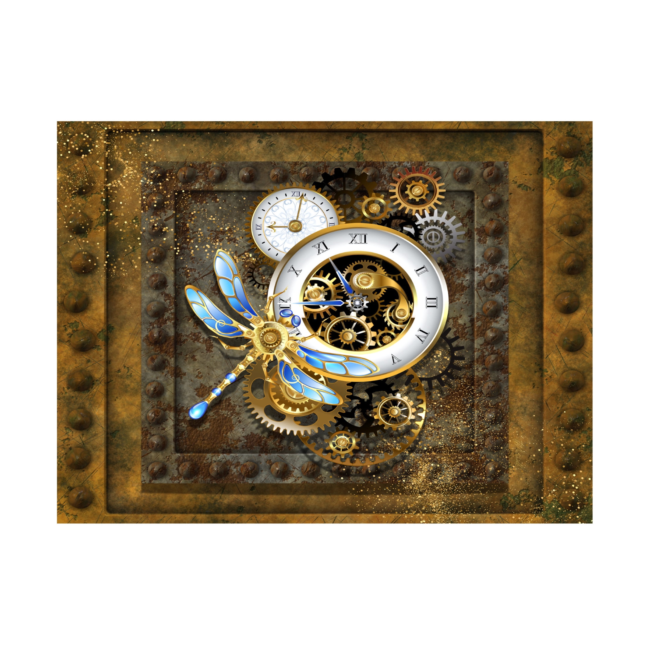 Canvas Wall Art - Tina Mitchell 'Steampunk Dragonfly Clock' Wall Art for Living Room, Bedroom, or Office Décor by Trademark Fine Art - 19 x 19 Inches