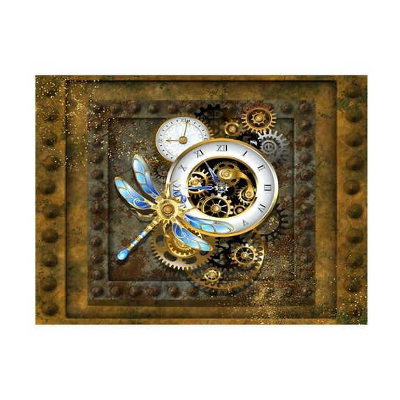 Canvas Wall Art - Tina Mitchell 'Steampunk Dragonfly Clock' Wall Art for Living Room, Bedroom, or Office Décor by Trademark Fine Art - 32 x 32 Inches