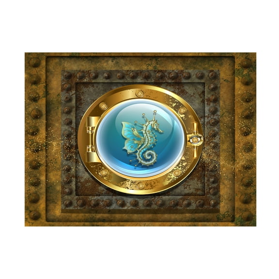 Canvas Wall Art - Tina Mitchell 'Steampunk Porthole Seahorse' Wall Art for Living Room, Bedroom, or Office Décor by Trademark Fine Art - 19 x 19 Inches