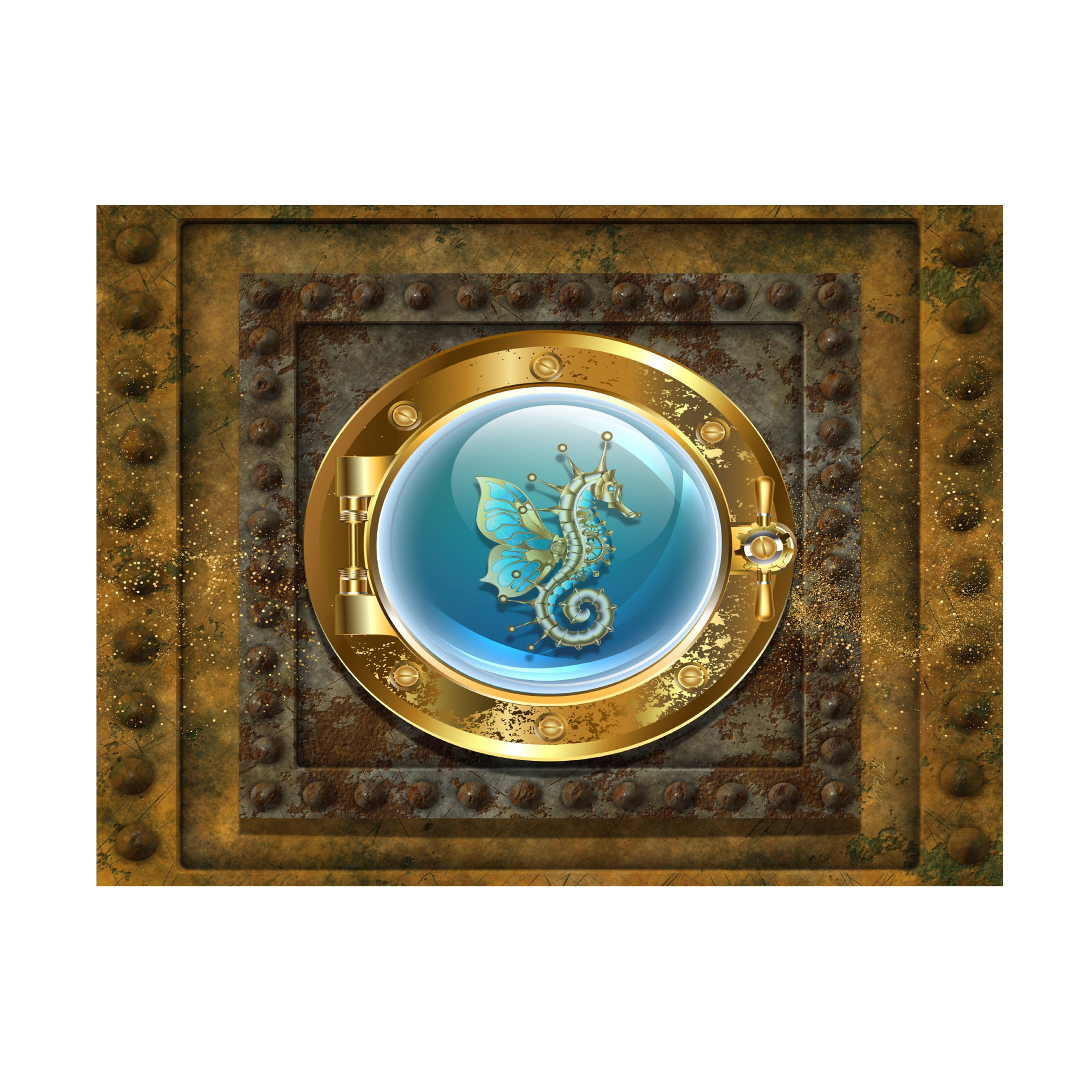 Canvas Wall Art - Tina Mitchell 'Steampunk Porthole Seahorse' Wall Art for Living Room, Bedroom, or Office DÃ©cor by Trademark Fine Art - 47 x 47 Inches