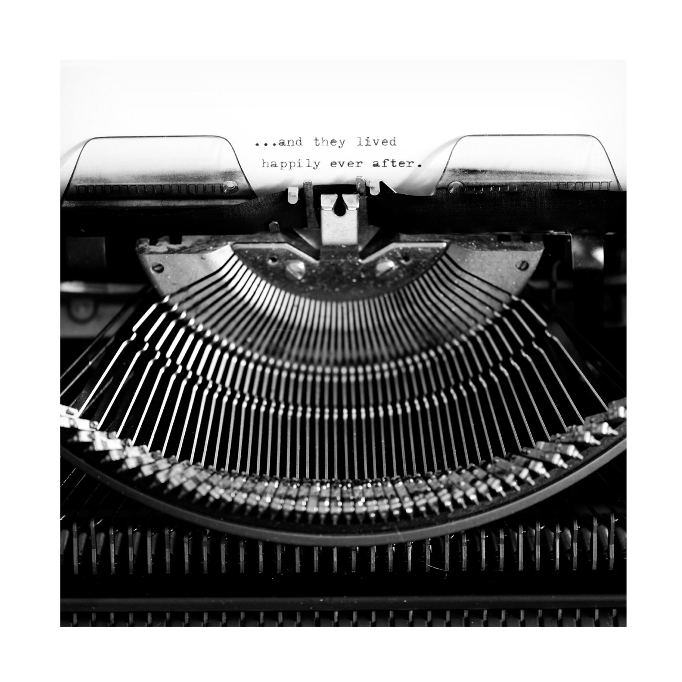 Canvas Wall Art - Tom Quartermaine 'Black and White Typewriter And They Lived Happily Ever After' Wall Art for Living Room, Bedroom, or Office Décor by Trademark Fine Art - 35 x 35 Inches