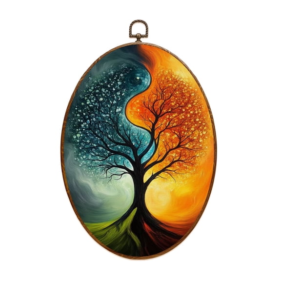 Canvas Wall Art Tree Abstract Hand Painted Teal Gold Dual Trees Yin Yang Shape Blue Oval Framed Canvas Prints Cottagecore Wall Hanging Decor for Home Office Gift 8.6"x11.4"