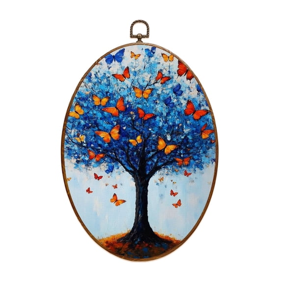 Canvas Wall Art Tree Blue Butterfly Colorful Butterflies Modern Butterflies Blue Tree Oval Framed Canvas Prints Cottagecore Wall Hanging Decor for Home Office Gift 8.6"x11.4"