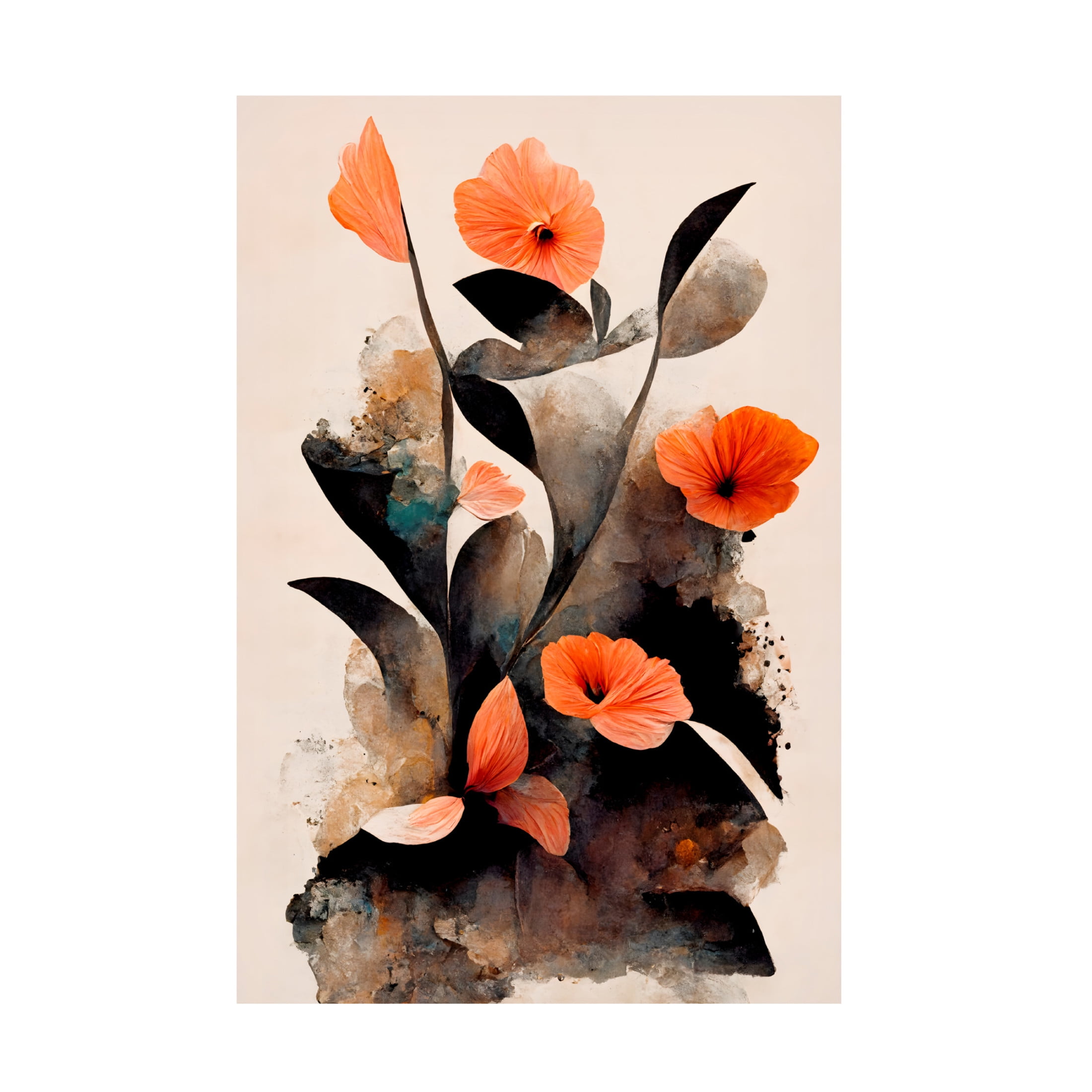 Coral Flowers Abstract Canvas Art with Wood Frame, 16 x 24 Inches