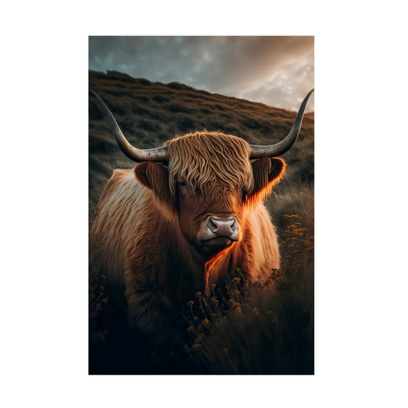 Canvas Wall Art - Treechild 'Highland Cow With Big Horns' Wall Art for Living Room, Bedroom, or Office D?cor by Trademark Fine Art - 16 x 24 Inches