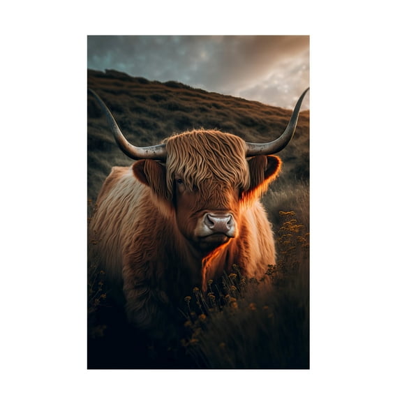Canvas Wall Art - Treechild 'Highland Cow With Big Horns' Wall Art for Living Room, Bedroom, or Office D?cor by Trademark Fine Art - 22 x 32 Inches