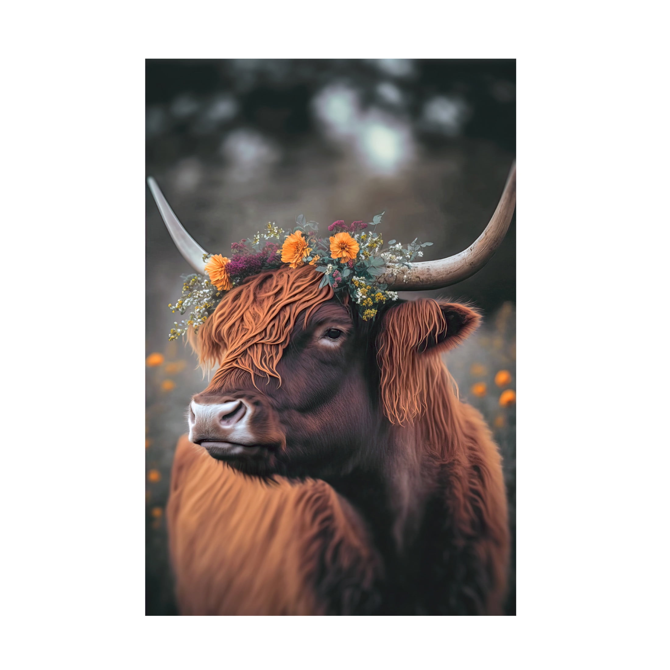 Canvas Wall Art - Treechild 'Highland Cow With Flowers' Wall Art for Living Room, Bedroom, or Office D?cor by Trademark Fine Art - 22 x 32 Inches