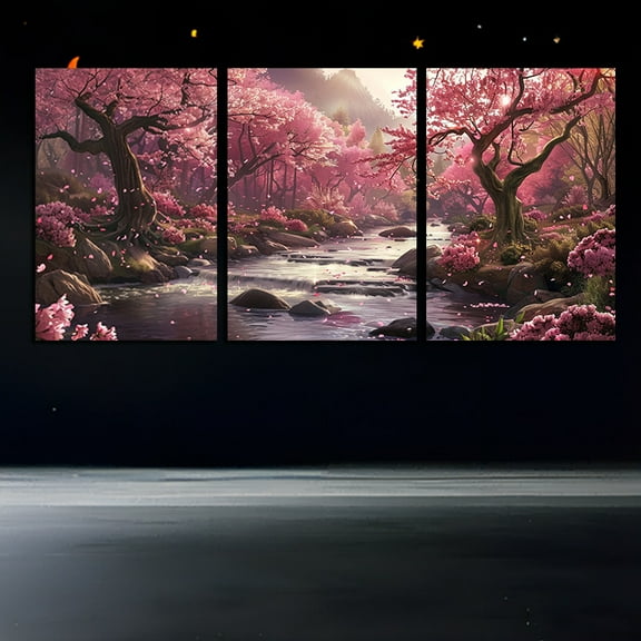 Canvas Wall Art Triptych - Cherry Blossom River Landscape, Frameless 3-Piece Set, Natural Style Living Room and Bedroom Wall Decoration, Floral Landscape, Frameless Canvas Painting