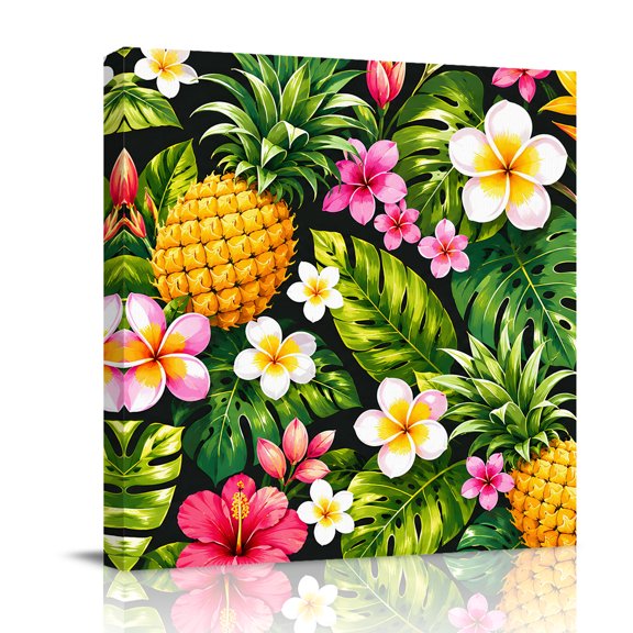 Canvas Wall Art, Tropical Botanical Framed Canvas Prints for Bathroom Desk, Summer Monstera Leaf Pineapples Floral Boho Small Gallery Wrapped Wall Decor for Home Office, Gifts, 8"x8" Ship Next Day
