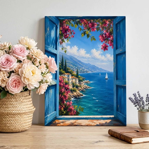 Canvas Wall Art Tropical Coastal Canvas Art Print Open Window Pink Flower Blue Ocean Island Pictures Wall Decor for Living Room Bedroom Artwork Decorations Stretched Framed Ready to Hang 8"x12"