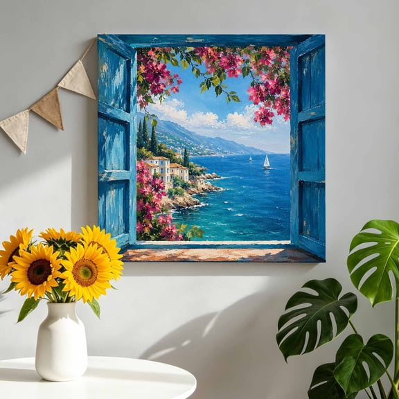 Canvas Wall Art Tropical Coastal Canvas Art Print Open Window Pink Flower Blue Ocean Island Pictures Wall Decor for Living Room Bedroom Artwork Decorations Stretched Framed Ready to Hang 8"x8"