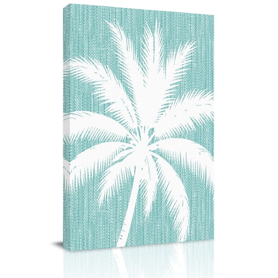 Canvas Wall Art, Tropical Palm Tree Framed Canvas Prints for Bedroom Bathroom, Summer Coastal Leaves Plants Mint Green Gallery Wrapped Wall Decor for Home Office, Gifts, 11"x14" Ship Next Day