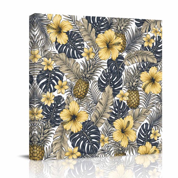 Canvas Wall Art, Tropical Plants Framed Canvas Prints for Bathroom Desk, Yellow Flowers Pineapple Palm Leaves Small Gallery Wrapped Wall Decor for Home Office, Gifts, 8"x8" Ship Next Day