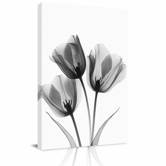 Canvas Wall Art, Tulip Black White Framed Canvas Prints for Kitchen Bedroom, Spring Floral Botanical Bloom Small Gallery Wrapped Wall Decor for Home Office, Gifts, 8"x12" Ship Next Day