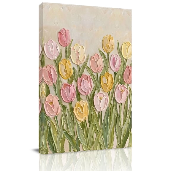 Canvas Wall Art Tulip Canvas Art Print Spring Rustic Pink Yellow Flower Oil Painting Pictures Wall Decor for Living Room Bedroom Artwork Decorations Stretched Framed Ready to Hang 24"x32"