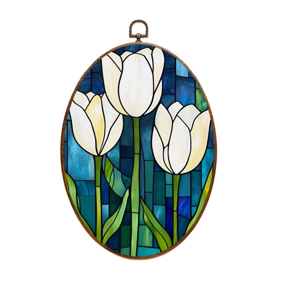 Canvas Wall Art Tulip Stained Glass Floral Flowes flower White Tulips Mosaic Tiles Oval Framed Canvas Prints Vintage Wall Hanging Decor for Home Office Decorations 8.6"x11.4"