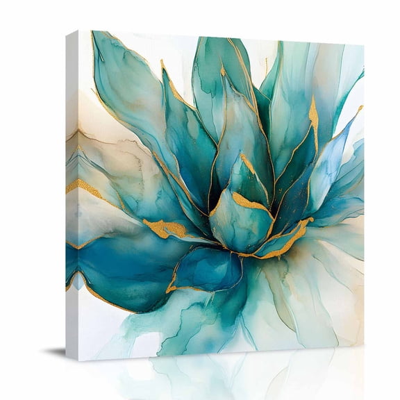 Canvas Wall Art, Turquoise Flowers Framed Canvas Prints for Bathroom Desk, Botanical Watercolor Plants Teal Small Gallery Wrapped Wall Decor for Home Office, Gifts, 8"x8" Ship Next Day