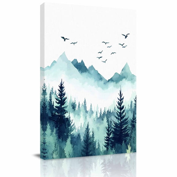 Canvas Wall Art, Turquoise Forest Framed Canvas Prints for Kitchen Bedroom, Mountains Birds Fog Tree Scenery Small Gallery Wrapped Wall Decor for Home Office, Gifts, 8"x12" Ship Next Day