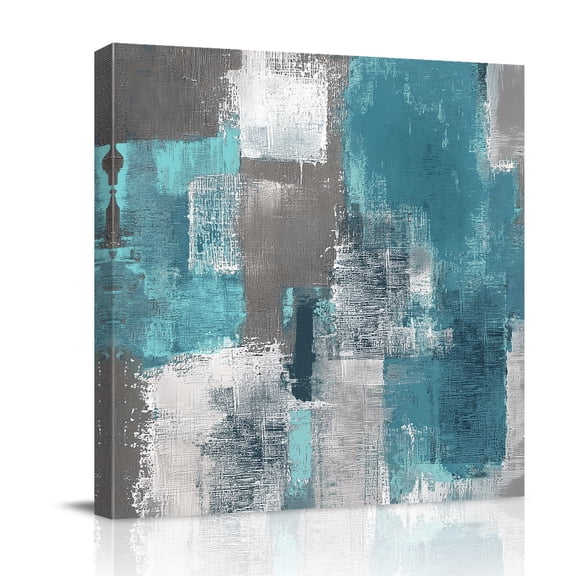 Canvas Wall Art, Turquoise Grey Framed Canvas Prints for Bathroom Kitchen, Abstract Square Graffiti Modern Smear Gallery Wrapped Wall Decor for Home Office, Gifts, 10"x10" Ship Next Day