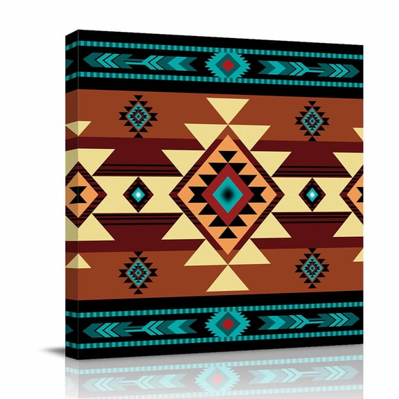 Canvas Wall Art, Turquoise Red Framed Canvas Prints for Bathroom Desk, Southwest American Native Abstract Pattern Small Gallery Wrapped Wall Decor for Home Office, Gifts, 8"x8" Ship Next Day