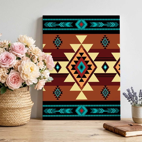 Canvas Wall Art, Turquoise Red Framed Canvas Prints for Bedroom Living Room, Southwest American Native Abstract Pattern Gallery Wrapped Wall Decor for Home Office, Gifts, 12"x18" Ship Next Day