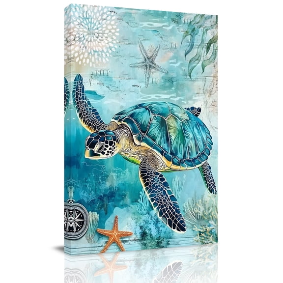 Canvas Wall Art, Turquoise Turtle Framed Canvas Prints for Kitchen Bedroom, Farmhouse Coastal Starfish Seaweeds Small Gallery Wrapped Wall Decor for Home Office, Gifts, 8"x12" Ship Next Day