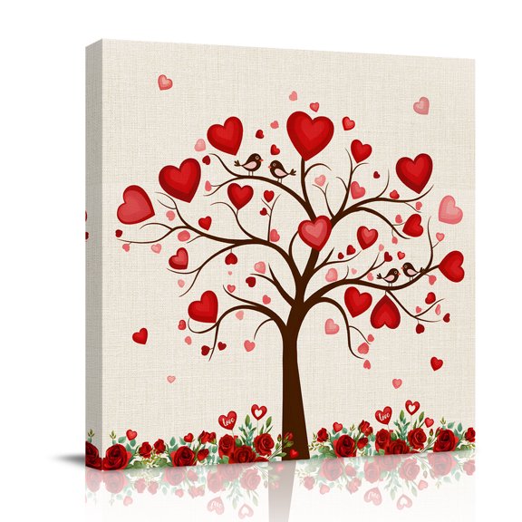 Canvas Wall Art, Valentine's Day Framed Canvas Prints for Bathroom Desk, Romantic Love Trees Red Roses Beige Small Gallery Wrapped Wall Decor for Home Office, Gifts, 8"x8" Ship Next Day