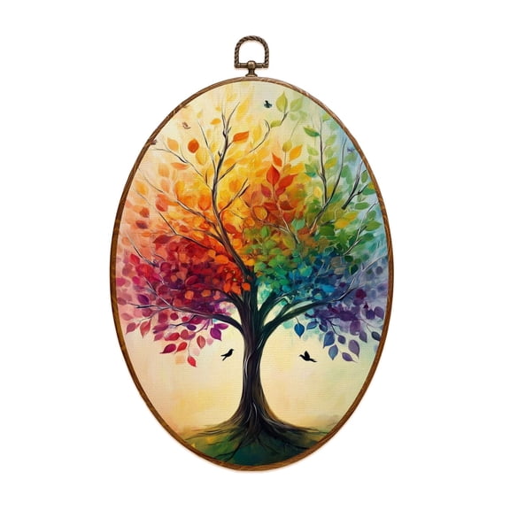 Canvas Wall Art Vibrant Colorful Modern Tree Leaves Birds Colorful Foliage Swirling Oval Framed Canvas Prints Cottagecore Wall Hanging Decor for Home Office Gift 8.6"x11.4"