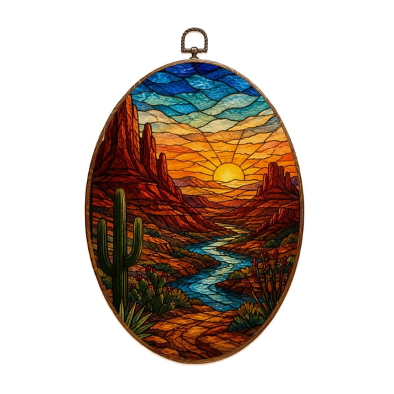 Canvas Wall Art Vibrant Stained Glass Panel Canyon Scene Gold Highlights Oval Framed Canvas Prints Vintage Wall Hanging Decor for Home Decorations 8.6"x11.4"