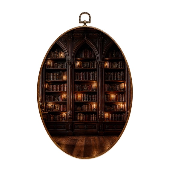 Canvas Wall Art Vintage Bookshelf Library Bookshelf Wooden Bookshelves Lit Candles Oval Framed Canvas Prints Vintage Wall Hanging Decor for Home Decorations 8.6"x11.4"