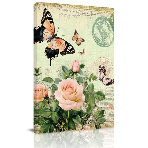 Canvas Wall Art, Vintage Butterfly Roses Framed Canvas Prints for Living Room Office, Spring Botanical Floral Large Gallery Wrapped Wall Decor for Home Office, Gifts, 16"x24" Ship Next Day
