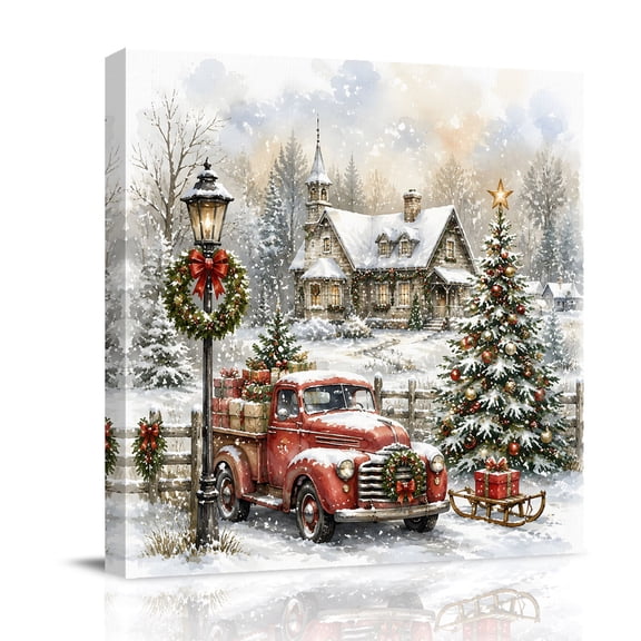 Canvas Wall Art, Vintage Christmas Framed Canvas Prints for Bathroom Desk, Winter Xmas Tree Truck Snowflake Country Small Gallery Wrapped Wall Decor for Home Office, Gifts, 8"x8" Ship Next Day