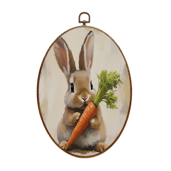 Canvas Wall Art Vintage Easter Bunny Spring Farmhouse Animal Cottagecore Rabbit Carrot Texture Oval Framed Canvas Prints Vintage Wall Hanging Decor for Home Decorations 8.6"x11.4"