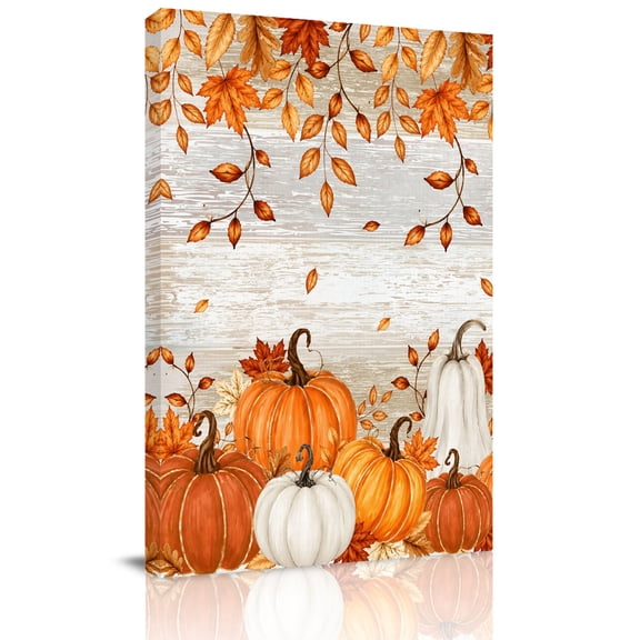 Canvas Wall Art, Vintage Fall Framed Canvas Prints for Bedroom Living Room, Maple Leaf Branch Thanksgiving Pumpkin Wooden Large Gallery Wrapped Wall Decor for Home Office, Gifts, 18"x24"
