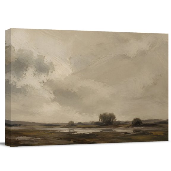 Canvas Wall Art, Vintage Field Framed Artwork for Living Room, Grey Sky Trees Country Wetland Marshland Gallery Wrapped Canvas Prints Art Ready to Hang Wall Decor for Bathroom Hallway, 10"x8"